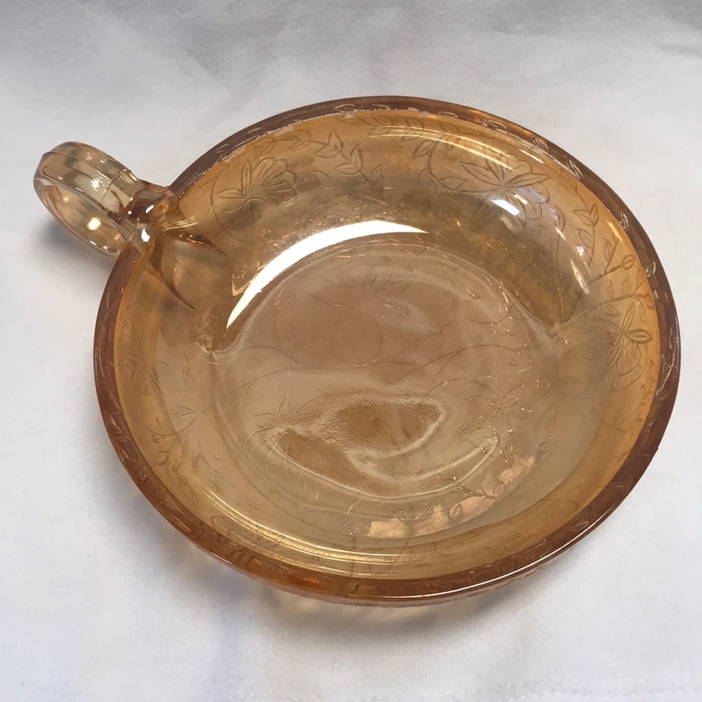 VTG (50's) Gold/Orange Carnival Glass Nappy‎ Bowl w/ Raised Flowers & Leaves